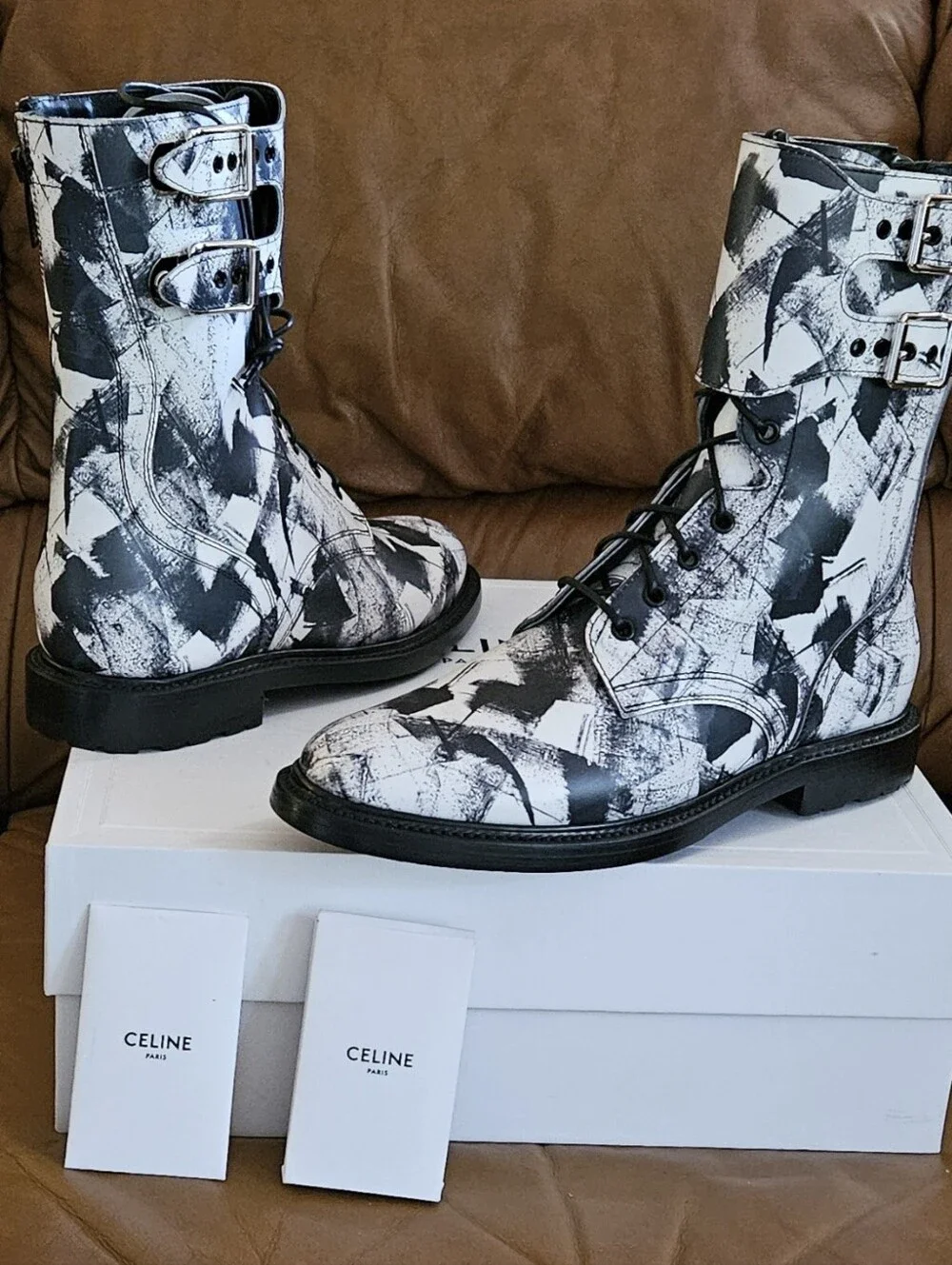 New Men's Celine Leather Abstract Lace-Up Buckle Zipper Combat Boots Size 8 US